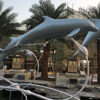Stainless Steel Dolphin Group Metal Animal Sculptures Pool Decoration Sky Blue Paint